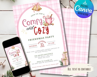 Puede incluir: Una invitación imprimible a cuadros rosa y blanco para una fiesta de Navidad "Acogedora y acogedora". La invitación presenta una ilustración festiva de una taza de chocolate caliente con crema batida y un bastón de caramelo, junto con galletas y una campana. El texto de la invitación dice "Únete a nosotros para una fiesta de Navidad Acogedora y acogedora" e incluye la fecha, la hora y el lugar de la fiesta. La invitación también incluye una solicitud para que los invitados traigan un regalo secreto de Papá Noel de 15 €.