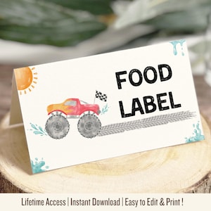 Monster Truck Pool Party Food Tent Cards | Editable Birthday Labels | Printable Party Decor |  Fun Food Tags for Kids