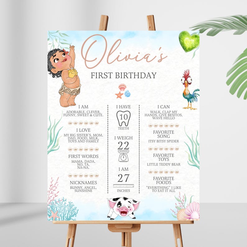 May include: A first birthday milestone sign for Olivia featuring a cartoon baby, a rooster, and a piglet. The text includes details like 10 teeth, 10 kg, and 69 cm. Decorated with watercolour sea elements like coral, shells, and a green heart.