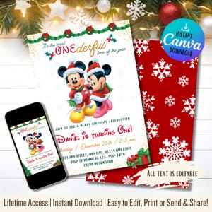 Onederful Mickey-kerstuitnodiging | Mickey Mouse-uitnodiging | Digitale vakantie-uitnodiging | Mickey-kerstuitnodiging | Mickey onederful