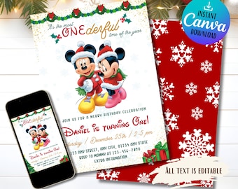 Mickey Mouse Christmas 1st Birthday Invitation (Digital)