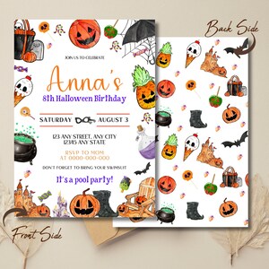 May include: Invitation for an 8th birthday Halloween pool party for a girl named Anna. The invitation features a white background with a colorful pattern of Halloween-themed illustrations, including pumpkins, bats, candy corn, and a cauldron. The text on the invitation reads "Join us to celebrate Anna's 8th Halloween Birthday. Saturday August 3. 123 Any Street, Any City. 12345 Any State. RSVP to Mom at 0000-000-000. Don't forget to bring your swimsuit. It's a pool party!"