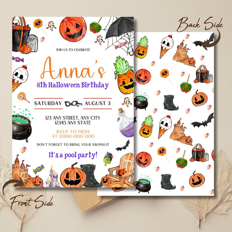 May include: Invitation for an 8th birthday Halloween pool party for a girl named Anna. The invitation features a white background with a colorful pattern of Halloween-themed illustrations, including pumpkins, bats, candy corn, and a cauldron. The text on the invitation reads "Join us to celebrate Anna's 8th Halloween Birthday. Saturday August 3. 123 Any Street, Any City. 12345 Any State. RSVP to Mom at 0000-000-000. Don't forget to bring your swimsuit. It's a pool party!"
