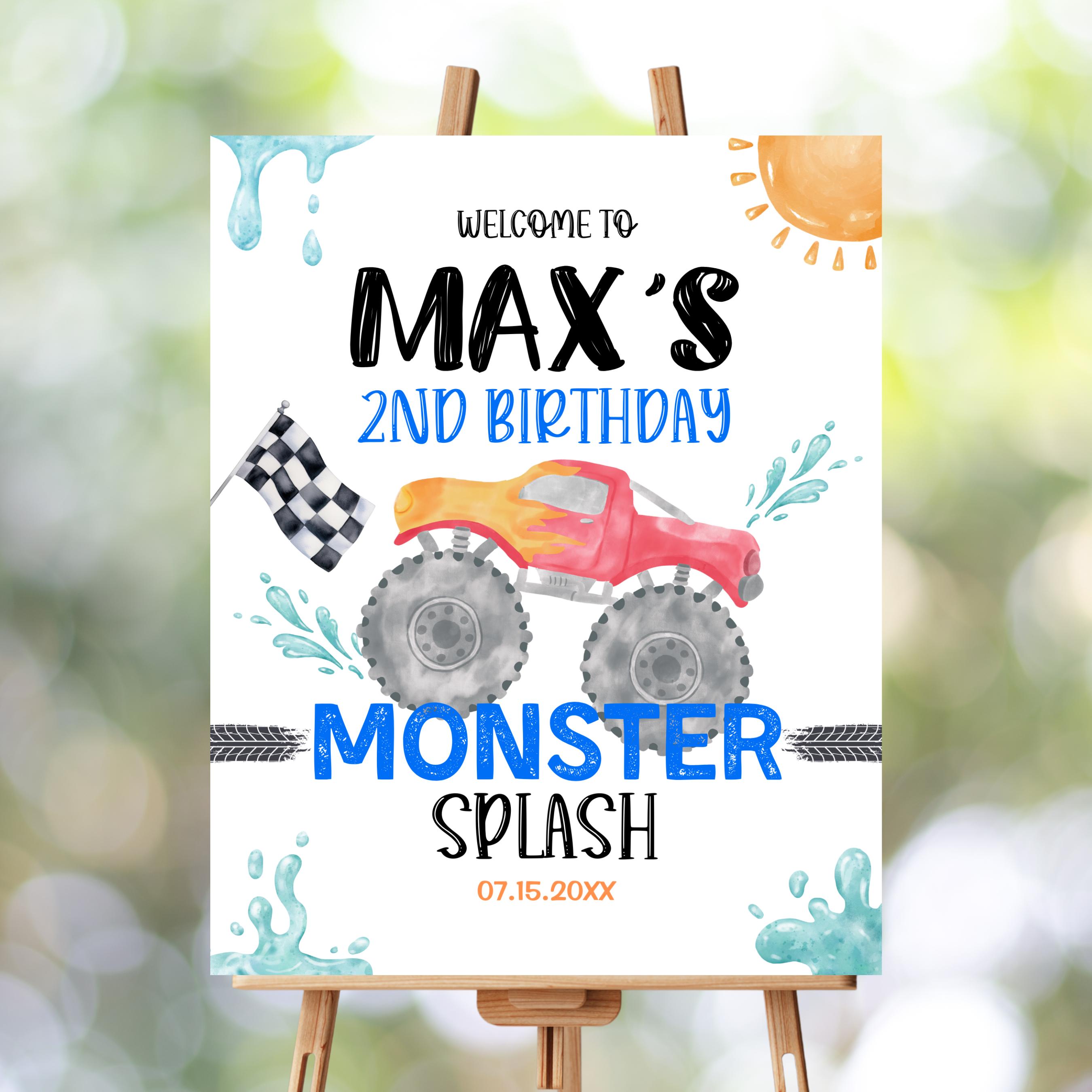 Monster Splash Welcome Sign | Editable Pool Party Birthday Invite | Digital Template for Boys Summer Bash | Monster Truck Invitation