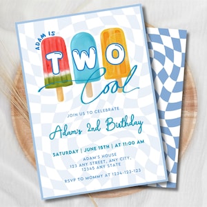 May include: A light blue birthday invitation with a checkered pattern. The invitation features three popsicle illustrations with the words "TWO COOL". The text reads "Adam's 2nd Birthday" with event details. A matching envelope is included.