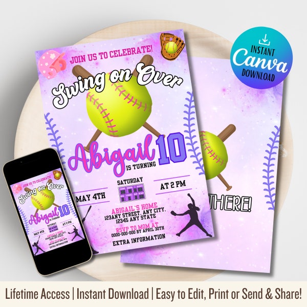 Softball Birthday Party Invitation | Printable Instant Access Edit Now | Girl Sports Birthday Invite | Editable Softball Invite