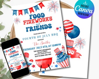 May include: Editable 4th of July BBQ invitation with red, white, and blue watercolor illustrations of fireworks, balloons, and a grill. The text reads "Food Fireworks and Friends - Please join us for a Fourth of July BBQ hosted by The Smiths - Thursday July 4th, at 12:00pm - The Smith's Residence 123 Any Street, Any City, 12345 Any State RSVP to 0000-000-000".