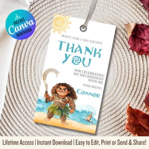 Danke Tags Maui Moana | Bearbeitbare Geschenkanhänger | Moana Maui Geburtstags-Gastgeschenke | Digitaler Download für Kinder Feiern