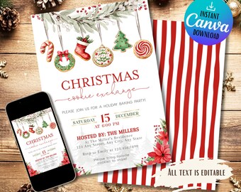 May include: A Christmas cookie exchange invitation with watercolor illustrations of holiday cookies and greenery. The invitation includes the date, time, and location, with a matching striped design. A smartphone displays the invitation.