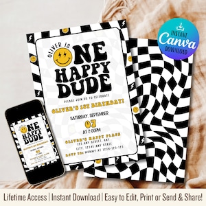 Bearbeitbare Canva Vorlage | Smiley-Gesicht | Sofortdownload | Einladung zum 1.Geburtstag Junge | One Happy Dude Geburtstagseinladungsvorlage