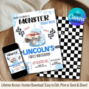 Faire-part d'anniversaire Monster Truck 5 x 7 | Smash Cake Party | Modèle numérique modifiable | Téléchargement instantané | Une invitation à une fête amusante pour les enfants