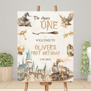 May include: A decorative sign on an easel with a watercolor design. The sign reads "The chosen ONE" and "Welcome to Oliver's First Birthday." The design includes a castle, train, owl, and other magical elements.