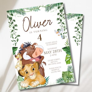 Może przedstawiać: Prostokątne zaproszenie na urodziny z motywem akwarelowej dżungli, zielonymi liśćmi i pnączami. Tekst zawiera napis Oliver is turning 4, Saturday May 28th, 2-4pm, 123 Any Street, Any City, 12345, oraz please RSVP to Mommy at 123.456.7890.