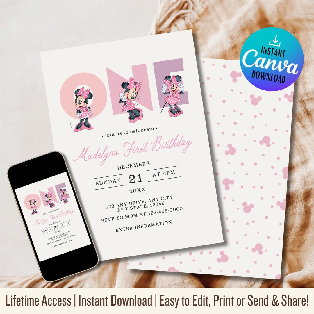 Minnie Mouse 1st Birthday Invitation, Pink Mouse Party, Editable Canva ...