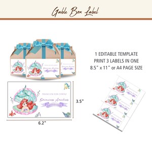 May include: A gable box label template featuring a watercolor illustration of a mermaid in a clam shell. The label is 6.2 inches wide and 3.5 inches tall. Text includes "Thank you for coming" and "Princess Amelia's Fourth Birthday".