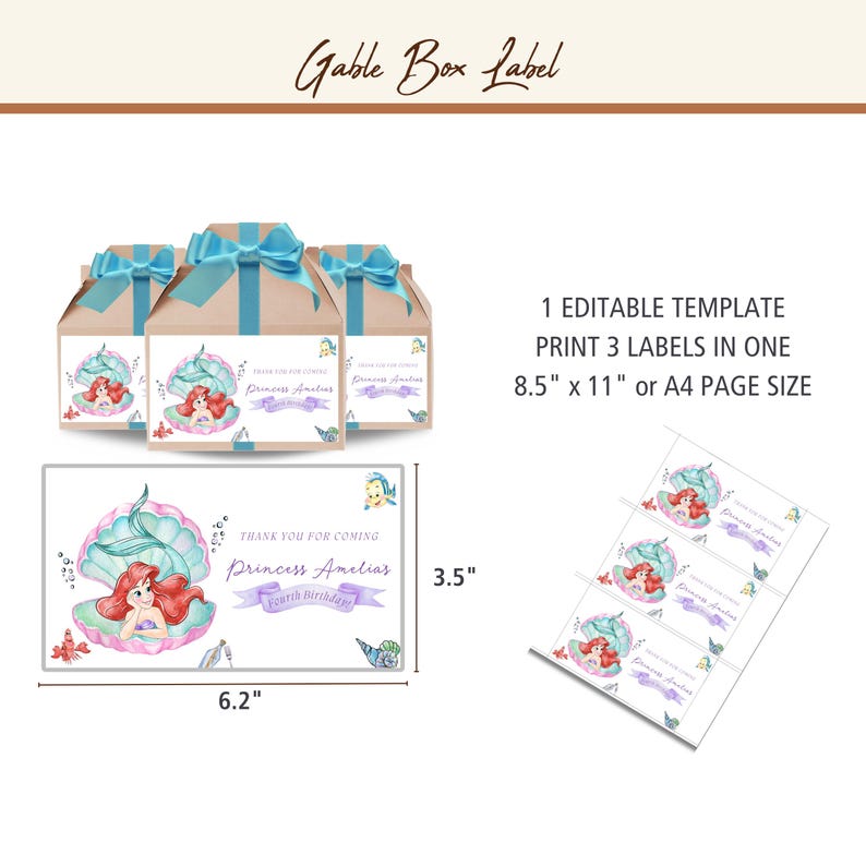 May include: A gable box label template featuring a watercolor illustration of a mermaid in a clam shell. The label is 6.2 inches wide and 3.5 inches tall. Text includes "Thank you for coming" and "Princess Amelia's Fourth Birthday".