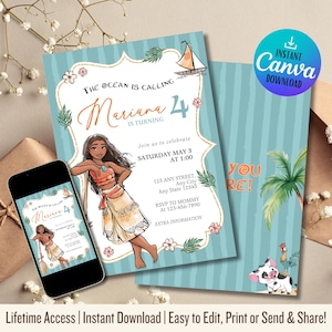 Invito Moana / Invito di compleanno digitale modificabile / Modello per festa hawaiana per bambini / Invito con download immediato