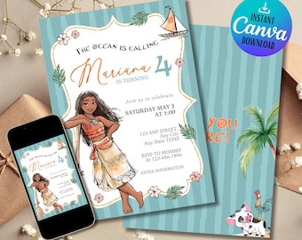 Moana Invitation | Editable Digital Birthday Invite | Hawaiian Kids Party Template | Instant Download Invitation