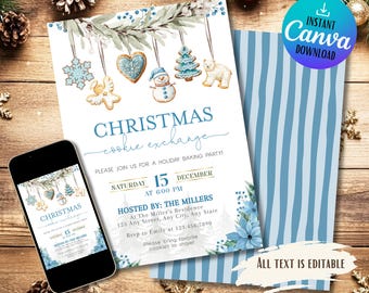 May include: A Christmas cookie exchange invitation with a watercolor design. The invitation features a light blue and white color scheme with decorative cookie ornaments and the text "Christmas Cookie Exchange". A smartphone displays the invitation.