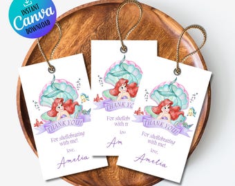 Etykiety z podziękowaniami dla Ariel, urodziny Małej Syrenki, edytowalny szablon (pobranie cyfrowe)