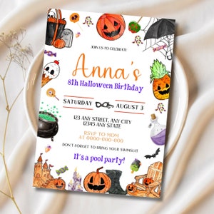 May include: A Halloween-themed birthday party invitation with a watercolor illustration of pumpkins, candy, and other spooky decorations. The invitation is for Anna's 8th birthday party, which is being held on Saturday, August 3rd. The invitation includes the address, RSVP information, and a note that it's a pool party.