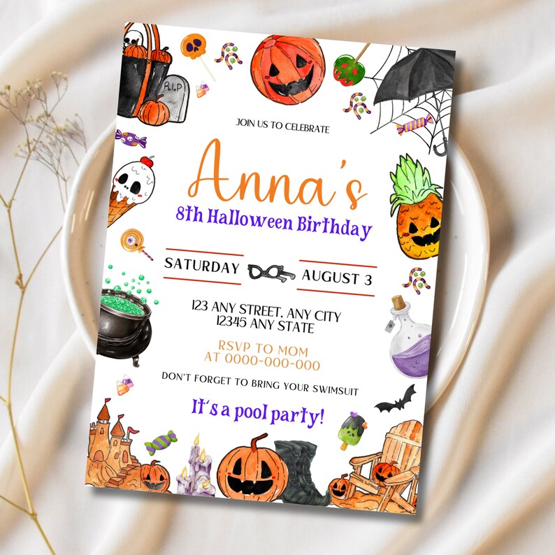 May include: A Halloween-themed birthday party invitation with a watercolor illustration of pumpkins, candy, and other spooky decorations. The invitation is for Anna's 8th birthday party, which is being held on Saturday, August 3rd. The invitation includes the address, RSVP information, and a note that it's a pool party.