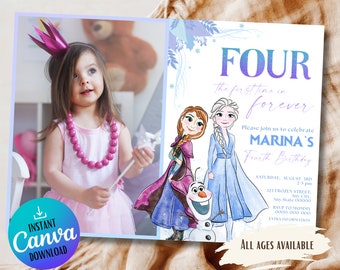 Frozen Birthday Invitation: Elsa, Anna, Photo Invite (Canva Editable, Digital Download)