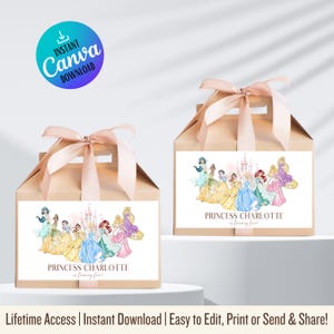 May include: Two brown favor boxes with pink ribbon bows and labels featuring a watercolor illustration of Disney princesses in front of a pink castle. The labels also include the text "Princess Charlotte is turning five!"