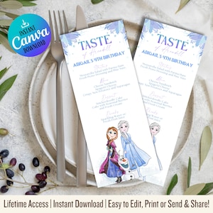 Frozen Birthday Party Menu Template | Printable Frozen Birthday Menu Card | Frozen Editable Menu Instant Download