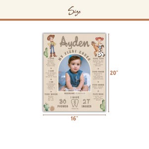 May include: A personalised wooden sign with the text "My First Rodeo" and the name "Ayden". The sign includes a photo of a baby, cowboy-themed illustrations, and details such as weight (13.6 kg) and height (68.6 cm).