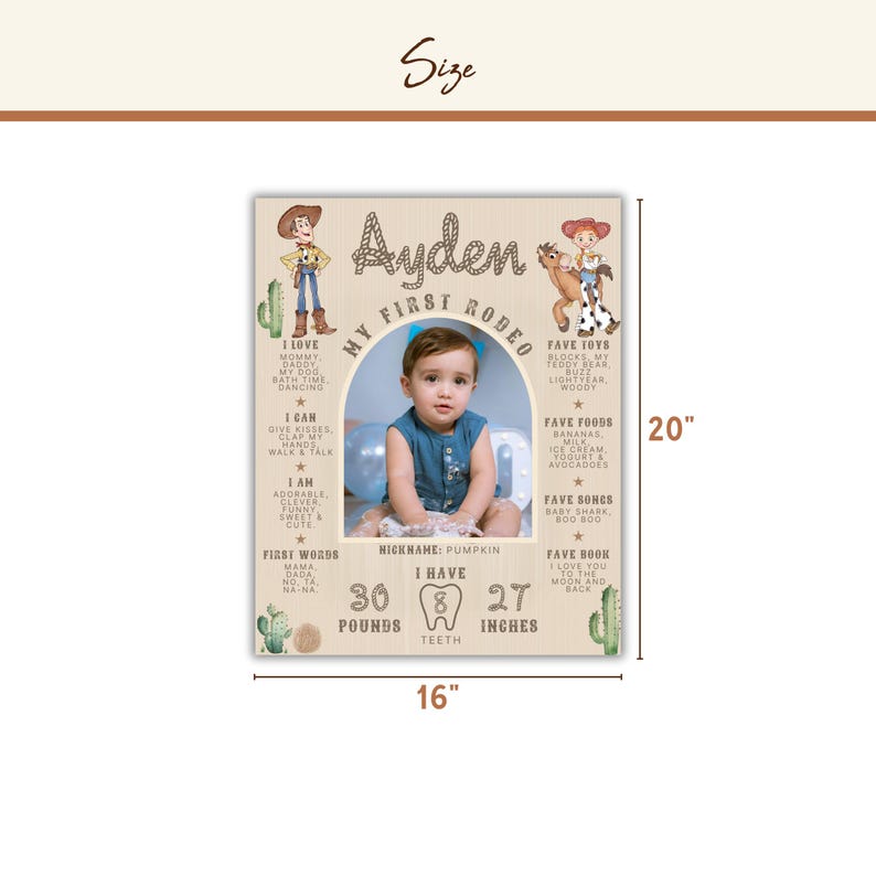 May include: A personalised wooden sign with the text "My First Rodeo" and the name "Ayden". The sign includes a photo of a baby, cowboy-themed illustrations, and details such as weight (13.6 kg) and height (68.6 cm).