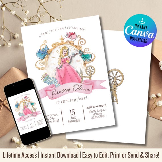 Sleeping Beauty Birthday Invitation Template: Princess Party (Digital Download)