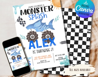 Monster Truck Birthday Invitation: Summer Pool Party (Editable Template)