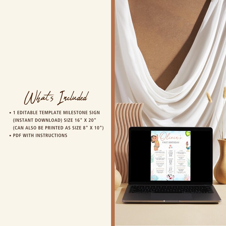 May include: A digital milestone sign template for a first birthday displayed on a laptop screen. The sign features the text Olivia's First Birthday, illustrations of a character, a pig, and a rooster, with sections for age, weight, and height.