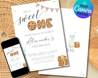 Può includere: Un invito stampabile per un primo compleanno a tema biscotti. L'invito presenta un "uno" a forma di biscotto e il testo "He's a sweet one" in marrone e bianco. L'invito include anche il nome "Alexander's" e la data e l'ora della festa. Lo sfondo è bianco con accenti marroni e beige.