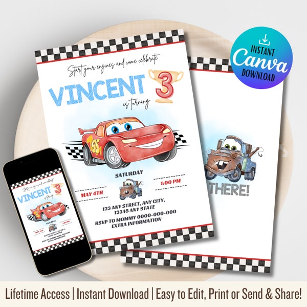 Cars Birthday Invitation | Lightning Mcqueen Birthday Invitation | Cars Party Favors | Mcqueen Birthday Party Invitation | Instant Download