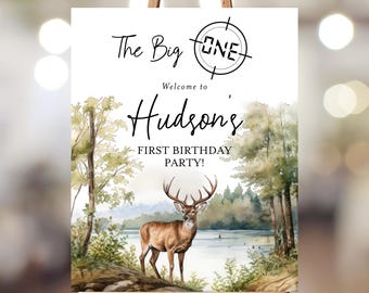 Deer 1st Birthday Welcome Sign Template: Hunting Party Decor (16x20", Editable PDF)