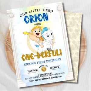 May include: A rectangular birthday invitation card featuring a cartoon baby hero riding a white winged horse. The text reads: OUR LITTLE HERO ORION TURNS ONE-DERFUL! ORION'S FIRST BIRTHDAY, SATURDAY MAY 14TH AT 2:00PM, AT ORION'S HOUSE 123 ANY STREET.