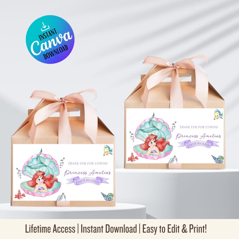 May include: Two light brown gift boxes with pink ribbon handles. Each box has a label featuring a mermaid in a seashell, with text that reads "Thank You For Coming Princess Amelia's Fourth Birthday!" A Canva download logo is in the top left.