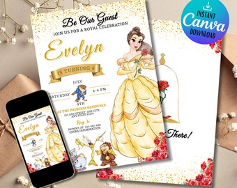 Beauty And The Beast | Beauty And Beast Party | Birthday Invite | Belle Rose Invite | Any Age Invites | Editable Canva Template Invite