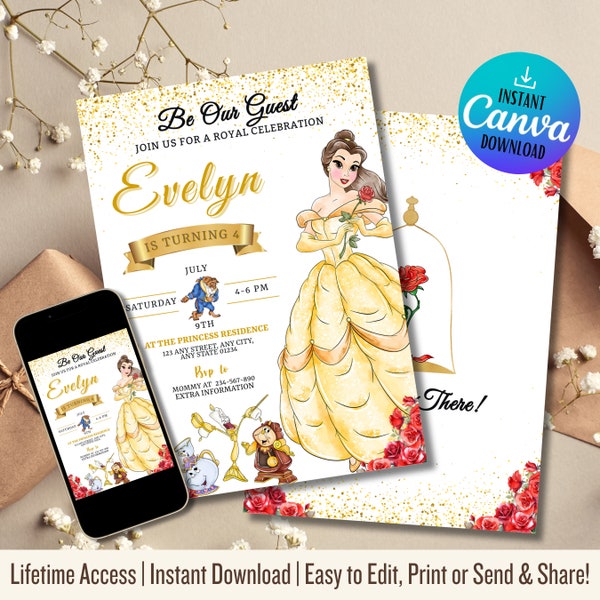 Beauty And The Beast | Beauty And Beast Party | Birthday Invite | Belle Rose Invite | Any Age Invites | Editable Canva Template Invite