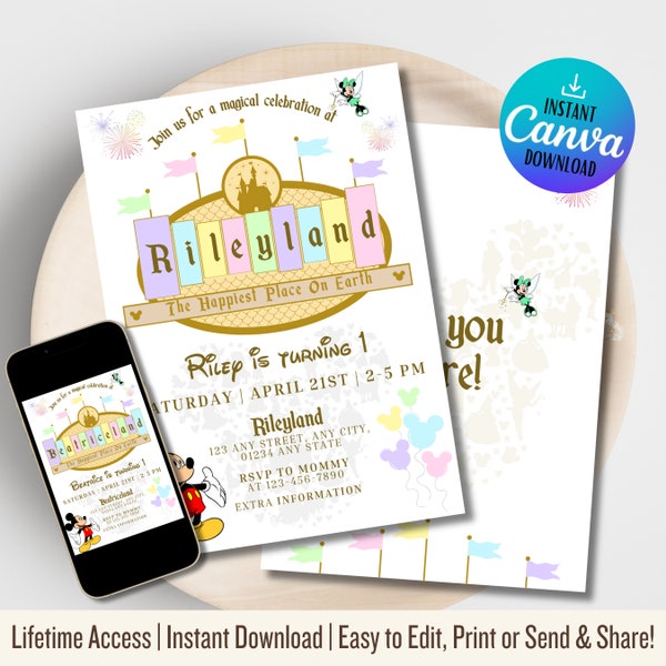 Disneyland Birthday Invitation | Disneyland Birthday Invitation | Happiest Birthday On Earth Invitation | Mickey Birthday | Muted Rainbow