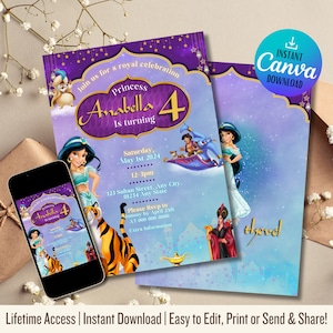 Digitale prinses Jasmine verjaardagsuitnodiging | Uitnodiging prinsessenfeestje| Uitnodiging kinderfeestje | Sjabloon direct downloaden: Aladdin Party