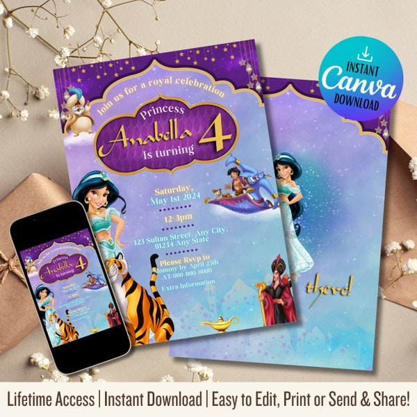 Digital Princess Jasmine Birthday Invitation | Princess Party Invite| Kids Party Invite | Instant Template Download-Aladdin Party