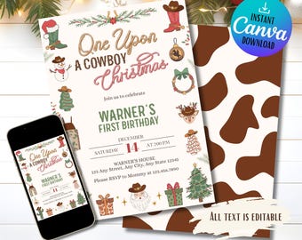 May include: A festive invitation for a cowboy-themed first birthday party. The design features a cowboy boot, Christmas tree, and a snowman. The invitation includes the text "One Upon a Cowboy Christmas" and "Warner's First Birthday". A smartphone displays the invitation.