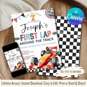 Primeira volta na pista | Convite de primeiro aniversário de carro de corrida | Download instantâneo | Tema de corrida Aniversário de um ano para meninos | Download digital