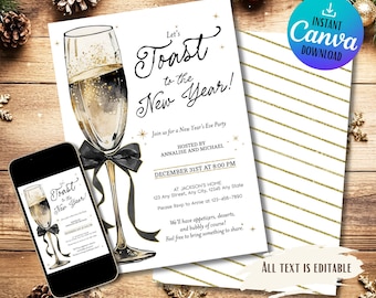 May include: New Year's Eve party invitation with a champagne glass illustration. The invitation reads "Let's Toast to the New Year!" and includes event details. A smartphone displays the invitation design.