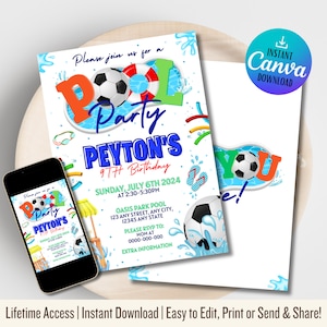 Football Theme | Super Football Bowl Squares | Soccer Birthday Invitation | Printable Instant Access Edit Now | Pool Party Water Birthday