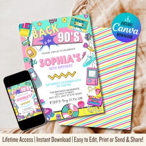 May include: A colorful invitation with a 90s theme, featuring the text "Back to the 90's" and "Sophia's 40th Birthday." The design includes retro graphics like a cassette tape, a game console, and a sneaker. A smartphone displays the invitation. A Canva download button is visible.
