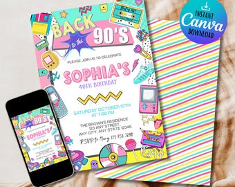90s Birthday Invitation, Back to the 90s Editable Template, Retro Digital Invite for Nostalgic Parties
